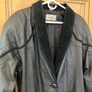 Worthington Womens Vintage 90s Leather Western Long Coat Sz. Large Black FA EXC